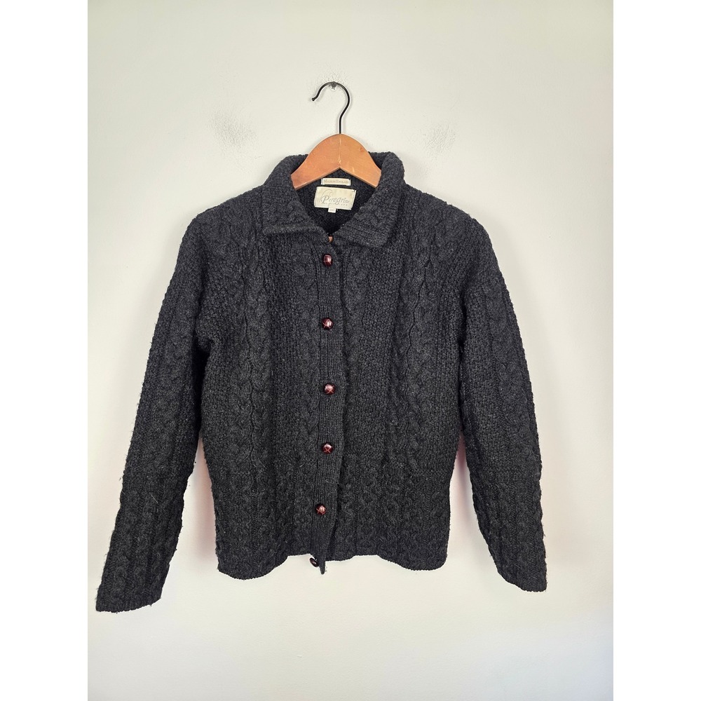 Peregrine Womens Black 100% Pure New Wool Cable Knit‎ Cardigan Medium Made In UK
